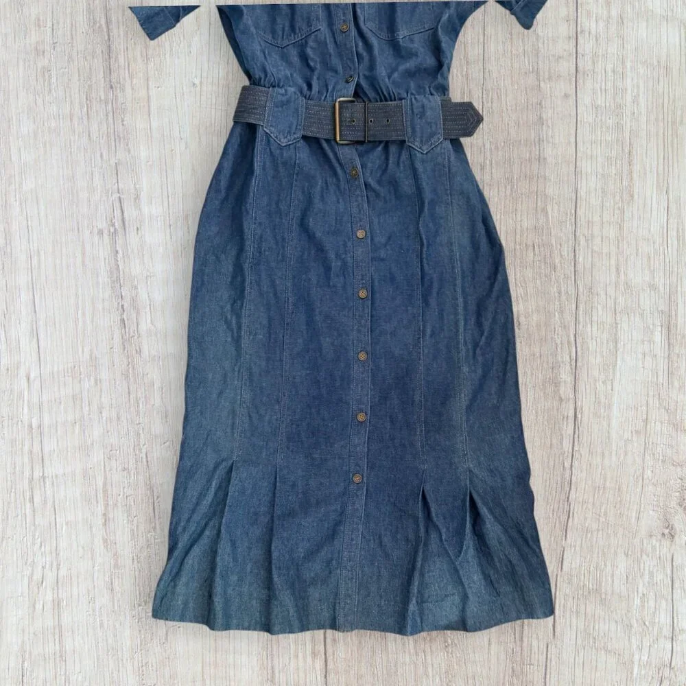 Vintage Kasper Denim Shirt Dress Belted Midi Teacher Minimalist 90s Womens 6 - Picture 3 of 4